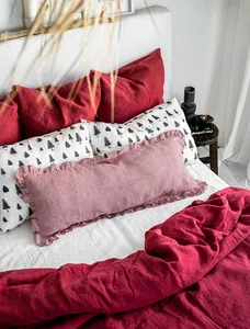 Funda de Almohada de Lino a Cuadros Rojos con Volantes, Funda de Almohada Lumbar con Volantes, Funda de Cojín Decorativa a Cuadros Rojos con Borde con Volantes - Product Image 5