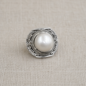 Mother of Pearl Round Cabochon <b>Ring</b> 925 Sterling <b>Silver</b> Vintage Boho <b>Statement</b> Handmade Filigree Design Women Jewelry for Men - Product Image 5