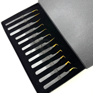 Precision Stainless Steel Eyelash Tweezers <b>Set</b> with Gold Tips Anti-Magnetic & Durable in Black Box Packaging for Lash Artists - Product Image 3