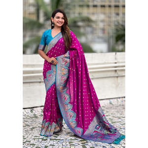 Saree de Seda Darbari Magenta con Tejido Zari, Bufandas y Chales Tradicionales, 700g, Tejidos de Primera Calidad - Product Image 2