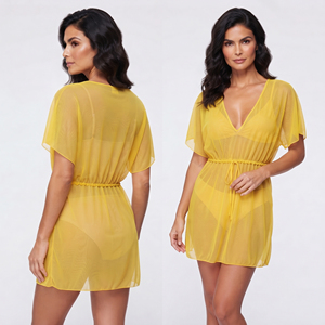 Robe de bain pour femme, col en V profond, avec cordon de serrage, en maille transparente, cache-maillot de plage, tenue de plage pour femme, cache-maillot transparent - Product Image 1