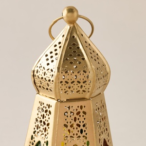 Timeless Gold Metal <b>Moroccan</b> Lantern with Multicolor Glass Panels Decorative Candle Holder for Ramadan Home Accent <b>Decor</b> - Product Image 3