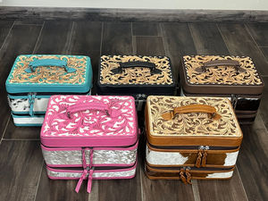 Sac de maquillage en cuir véritable de haute qualité, fait main par un designer, forme carrée, boîte à bijoux pour femmes, style western, organiseur de voyage - Product Image 3