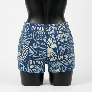 Shorts de mujer tipo booty, poliéster y spandex premium, 220 GSM, estampado gráfico azul, panel sin costuras, logotipo personalizado por sublimación. - Product Image 2