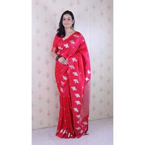 Châle en soie rose douce tissé double Zari Elite Weaves avec bordure à motif oiseau, élégant et féminin - Product Image 6