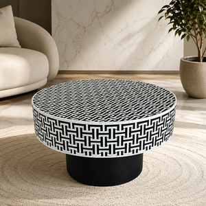 Table basse ronde de luxe moderne en bois avec incrustations en os, design géométrique fait main, meubles de salon, taille personnalisée - Product Image 3