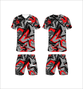 Conjunto de Uniforme de Fútbol Sublimado Personalizado, Rojo, Negro y Gris, Patrón Abstracto, Transpirable, de Secado Rápido, para Hombre y Niño - Product Image 1