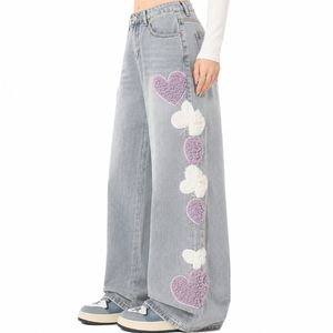 Jeans de mezclilla de cintura alta con parche de corazón estilo hip hop para mujer, holgados, de pierna ancha, elegantes, cómodos, modernos, transpirables, vintage, 100% - Product Image 2