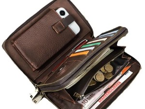 Cartera de Viaje Unisex Marrón de Cuero Genuino Vintage con Doble Cremallera, Bloqueo RFID, Gran Capacidad y Organizador - Product Image 4