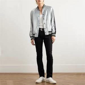 <b>Men's</b> Silver Varsity <b>Jacket</b> With Black Trim Regular Fit Casual Bomber Coat Turn-down Collar Polyester Material Autumn Wear - Product Image 3