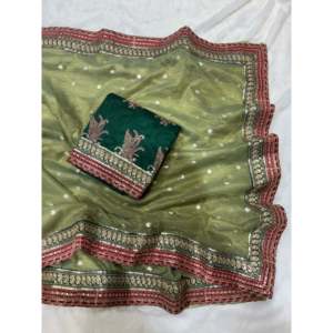 Sari de créateur avec des paillettes et des broderies en cordon, bordure en dentelle pour vêtements indiens et pakistanais - Product Image 5