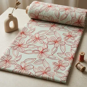 ผ้าฝ้ายสีขาวพรีเมียมปักลายดอกไม้สีแดงอย่างประณีต เหมาะสำหรับเสื้อผ้า ชุดเดรส ปลอกหมอน และงานฝีมือ - Product Image 1