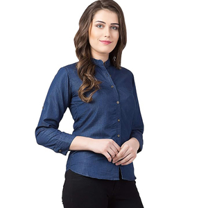 Chemise en jean à col montant 100 % coton biologique pour femme, coupe ajustée, manches courtes, idéale pour l'été et le bureau - Product Image 6