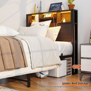 <b>Twin</b> Size Metal <b>Bed</b> <b>Frame</b> with Storage Headboard Charging Station & Bookcase No Box Spring Needed - Product Image 3