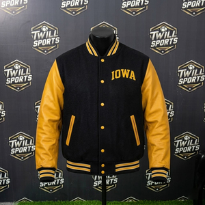 Iowa Hawkeyes Men's Varsity Jacket Black <b>Gold</b> Sleeve Embroidered Stand Collar Single <b>Button</b> Polyester Filled Winter Casual Wear - Product Image 2