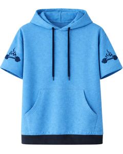 Haut à capuche bleu à manches courtes pour homme, décontracté, imprimé, léger, en mélange de coton, avec poche kangourou, idéal pour la gym et le streetwear estival - Product Image 1