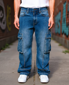 Jean cargo bleu délavé pour homme, coupe large, taille mi-haute, fermeture éclair, décontracté, avec plusieurs poches, personnalisable - Product Image 6