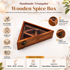 Handmade Triangular Wooden <b>Spice</b> <b>Box</b> | Indian Rosewood Masala Dabba | Kitchen Storage Organizer with Lid Spoon Traditional - Product Image 5