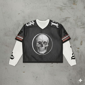 Camiseta de hombre con estampado de calavera, de manga larga, estilo waffle, corte holgado y corto, con diseño gráfico y malla, estilo streetwear - Product Image 4