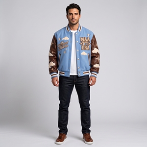 Blouson Bomber Homme Hiver Bleu Ciel Marron à Manches Longues, Broderie Personnalisée Nuage et Étoile, Streetwear, Boutons Cachés, Col Montant, Logo Frontal - Product Image 2
