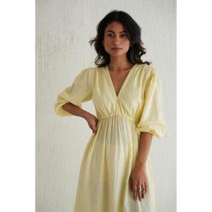 <b>High</b> Demand Handmade Yellow Natural <b>Waist</b> A-Line Maxi <b>Dress</b> V-Neck Three Quarter Cap Sleeve Cotton Summer Simple Women's Gown - Product Image 6