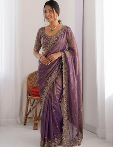 KV Traditional Silk Embellished Embroidered Zari <b>Satin</b> <b>Saree</b> with Unstitched Blouse for Party Occasions - Product Image 5