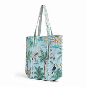 Bolso de Mano Ecológico EcoDari, Bolso de Playa con Estampado Artesanal Indio, Color Azul Aguamarina, Estilo Safari, Acolchado de Algodón, con Cierre - Product Image 1