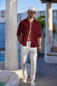 Chemises décontractées pour hommes à boutons, chemise en lin à manches longues, chemise de plage texturée tendance pour l'été - Product Image 4