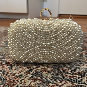 “Luxury Ivory Pearl Embellished Clutch <b>Bag</b> with Gold Ring Handle, Handcrafted Beaded Evening Purse, Elegant Bridal & Party Wear - Product Image 3
