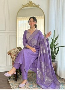 Launching New Designer Party Wear Look Pur Heavy Slub Cotton Embroidery Work <b>Top</b> & Bottom With Dupatta set - Product Image 4