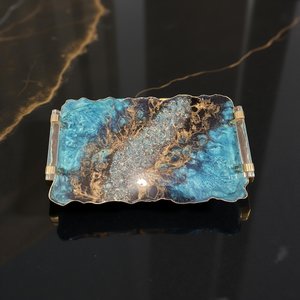 Plateau décoratif en résine et verre, plateau époxyé, plateau élégant avec poignées en cristal doré, plateau en résine géode pour coiffeuse - Product Image 6