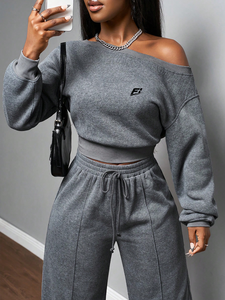 Women’s <b>Off</b> <b>Shoulder</b> Cropped <b>Sweatshirt</b> Set Long Sleeve Pullover Top with Wide Leg Pants Casual Two Piece Outfit <b>Sweatshirt</b> - Product Image 4