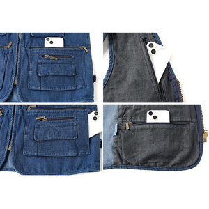 Gilet en jean multi-poches coupe ajustée, style décontracté, en coton bleu respirant, style automne, taille haute, délavage clair, boutonné - Product Image 5