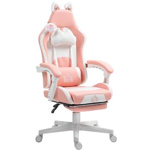 Sedia da gaming regolabile in altezza con poggiapiedi girevole, poggiatesta e supporto lombare in similpelle rosa - Product Image 1