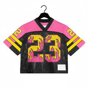 Women's Crop Mesh Streetwear Jersey V-Neck Short Sleeve Pink Black Yellow <b>Flame</b> 23 Print Sporty Style Breathable - Product Image 1