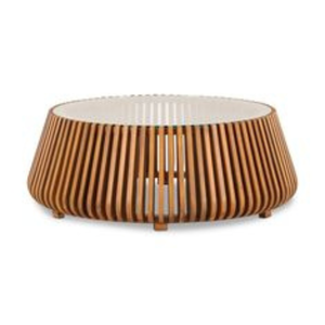 Elegant Contemporary <b>Solid</b> <b>Wood</b> Slatted Drum Coffee <b>Table</b> Featuring Sleek Circular Glass <b>Top</b> Accent - Product Image 1