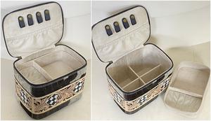 Handcrafted Western Style <b>Hand</b>-Tooled Leather Jewelry Case with <b>Ring</b> <b>Holders</b> Checkered Design Travel-Friendly Storage Organizer - Product Image 6