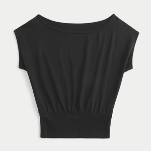 Women's <b>Black</b> Cap <b>Sleeve</b> <b>Crop</b> <b>Top</b> Solid Color O-Neck Loose Fit Knitted Casual Summer Breathable Spandex Cotton Mix - Product Image 1