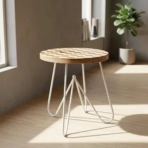 Wooden Iron <b>Painted</b> Round Coffee <b>Table</b> with Checkerboard Top and White Metal Legs Minimalist Living Room Furniture Design - Product Image 1