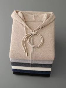 Pull à capuche zippé pour homme, couleur beige unie, décontracté, pour l'automne, 100% laine tricotée, teinture unie - Product Image 2