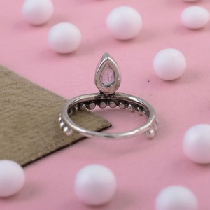 925 Sterling Silver Pear Cut Blue Topaz Gemstone <b>Adjustable</b> <b>Ring</b> for Women Beaded Band Minimalist Stackable Jewelry - Product Image 3
