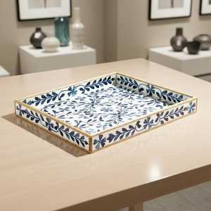 Handmade Bone Inlay Serving Tray, Blue Floral Decorative Tray, Wooden Ottoman Tray, <b>Coffee</b> <b>Table</b> Organizer, Vanity Display Tray - Product Image 5