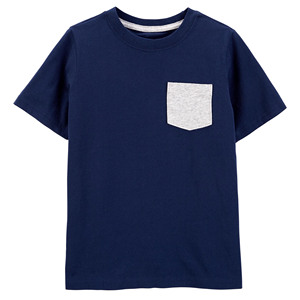 Camiseta de Manga Corta Azul Marino para Niños con Bolsillo Gris, Informal, de Algodón, Tejido Jersey, Corte Regular, Color Sólido - Product Image 1
