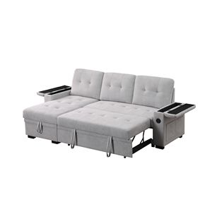 Divano Sezionale Reversibile Ashlyn II 84'' L in Tessuto Grigio Intrecciato con Chaise Longue, Portabicchieri e Porte di Ricarica - Product Image 3