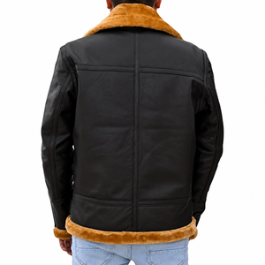 <b>Men's</b> Genuine Leather Aviator <b>Jacket</b> with <b>Shearling</b> Faux Fur Lining Heated Zipper Closure Winter Moto Biker Style Windproof Coat - Product Image 2