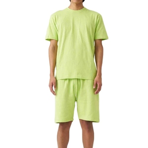 Men's Lime Green Cotton T-Shirt And Shorts <b>Set</b> Crew Neck Casual Summer Wear Breathable <b>Knitted</b> Solid Color Two Piece Outfit - Product Image 1