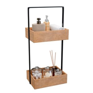 Étagère de rangement à double niveau en bois avec structure métallique, design minimaliste pour le rangement des épices et des aliments dans la cuisine, type sur pied - Product Image 3