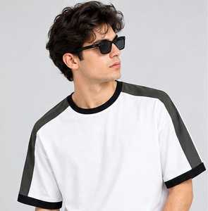 Men's White <b>Raglan</b> Sleeve <b>T</b>-<b>Shirt</b> Contrast Trim O-Neck Regular Fit Casual 100% Cotton Quick Dry Breathable Solid Color Blocked - Product Image 1