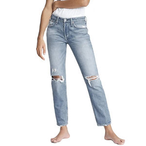 Jeans de Mujer OEM, Pantalones Ajustados de Mezclilla Elástica de Cintura Alta, Algodón, Venta al Por Mayor, Jeans Anchos de Moda para Mujer - Product Image 2