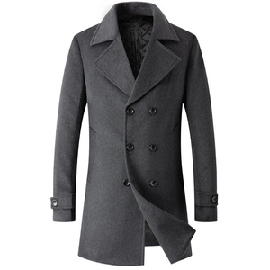 <b>Men's</b> <b>Navy</b> Polyester/Cotton Double Breasted Breathable Genuine Leather Shell Overcoat Long <b>Trench</b> <b>Coat</b> with Notched Lapel - Product Image 2